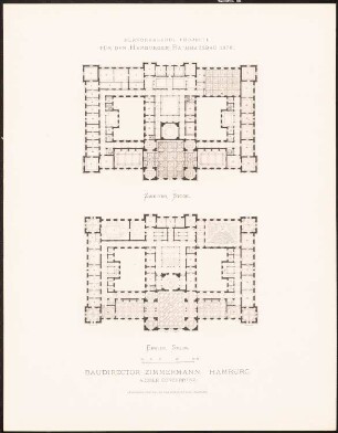 Hervorragende Projekte für den Hamburger Rathausbau 1876: Grundriss 1. OG, 2. OG