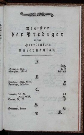 Register der Prediger in der Herrlichkeit Kniephausen.