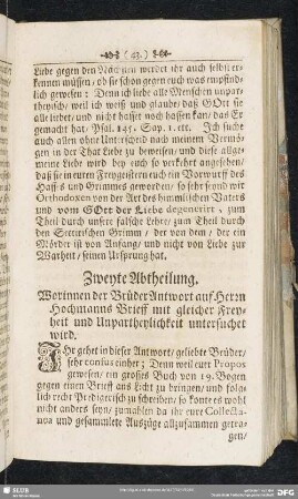 Zweyte Abtheilung. Worinnen der Brüder Antwort auf Herrn Hochmanns Brieff mit gleicher Freyheit und Unpartheylichkeit untersuchet wird