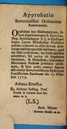 Cursus Biennalis Philosophiae Et Matheseos Universae. [5], [Algarithmica]