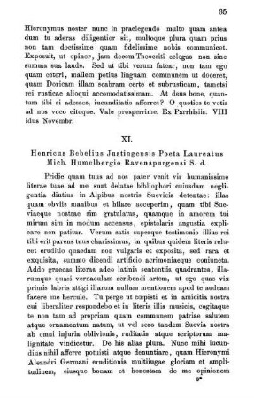 XI. Henricus Bebelius Justingensis Poeta Laureatus Mich. Humelbergio Ravenspurgensi S. d.