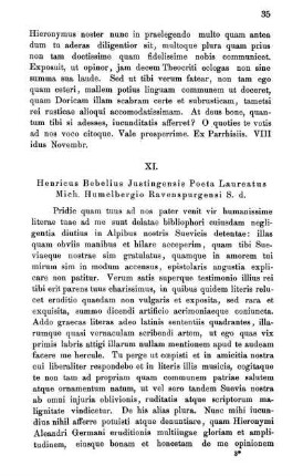 XI. Henricus Bebelius Justingensis Poeta Laureatus Mich. Humelbergio Ravenspurgensi S. d.