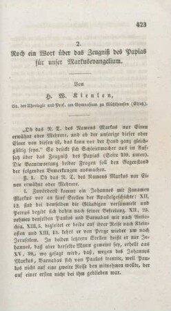 423-429 Noch ein Wort über das Zeugniß des Papias für unser Markusevangelium