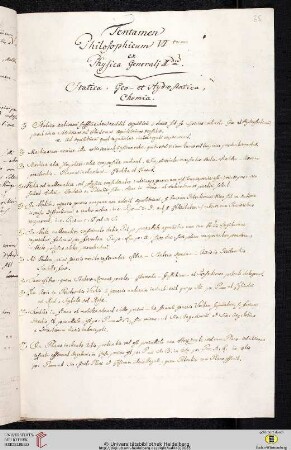 Thesensammlung: Tentamen Philosophicum VItum. ex Physica Generalj IIdum. Statica, Geo – et Hydrostatica, Chemia