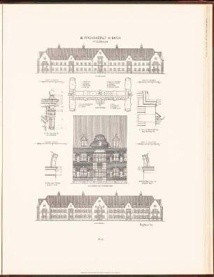 Irrenhaus, Berlin-Buch: Grundriss EG, Vorderansicht, Rückansicht, Details (aus: Neubauten der Stadt Berlin, Bd. VII, 1908)