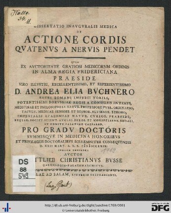 Dissertatio Inavgvralis Medica De Actione Cordis Qvatenvs A Nervis Pendet