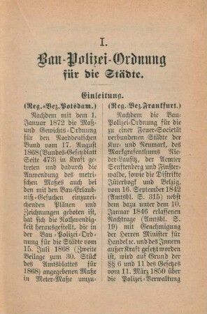 I. Bau-Polizei-Ordnung für die Städte.