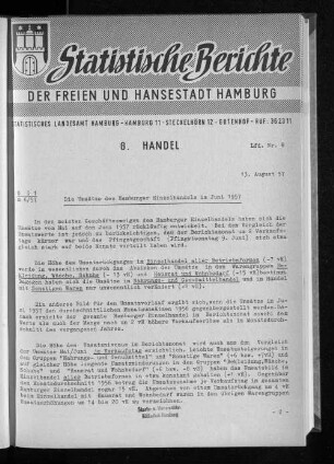 Die Umsätze des Hamburger Einzelhandels im Juni 1957 : Lfd. Nr. 8