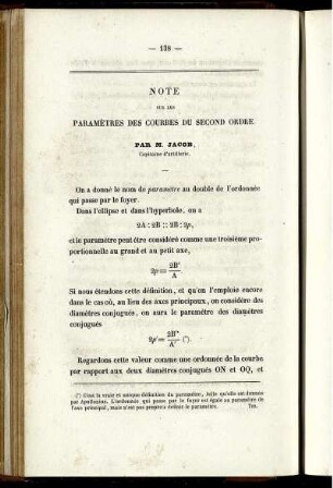 Note sur les paramèmtres des courbes du second ordre.