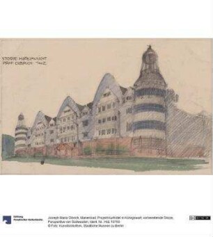 Marienbad, Projekt Kurhotel in Königswart, vorbereitende Skizze, Perspektive von Südwesten