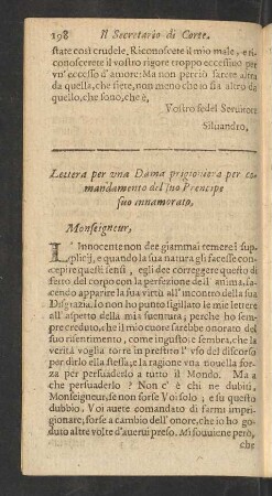 Lettera per una Dama prigioniera per comandamento del suo Prencipe suo innamorato.