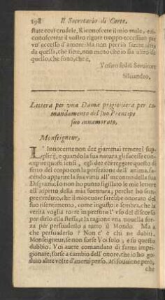 Lettera per una Dama prigioniera per comandamento del suo Prencipe suo innamorato.