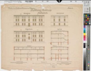 Münster (Münster) Neubau der Artilleriekaserne (Bl. 23) Wachtgebäude (Ausführungszeichnung) Ansichten, Schnitte (1893)1896 1 : 100 60 x 73 farb. Druck Löfken, Regierungsbaumeister Hochbauamt Münster