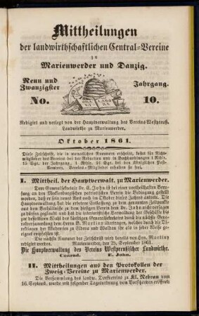 Neun und Zwanzigster Jahrgang. No. 10. Oktober 1861.