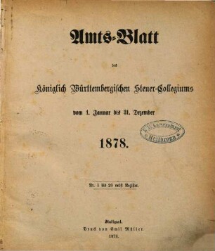 Amtsblatt des Württembergischen Steuerkollegiums. 1878