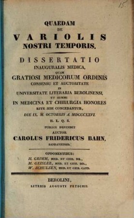 Quaedam de variolis nostri temporis : Diss. inaug. med.