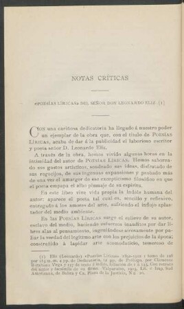 Notas Críticas : "Poesías Líricas" del Señor Don Leonardo Eliz