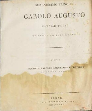 Serenissimo Principi Carolo Augusto Patriae Patri Ex Bello Ad Suos Reduci