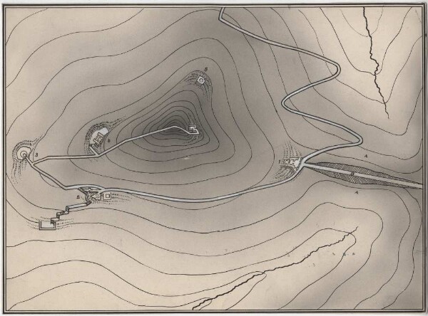 Dessin à l'encre de Chine d'un plan de la colline des ruines de Texcotzingo.