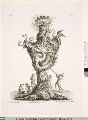 Aus Blattwerk gebildete Vase und Putti mit Attributen des Feuers