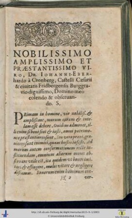 Nobilissimo Amplissimo et Praestantissimo Viro, Dn. Iohanni-Eberhardo à Cronberg …