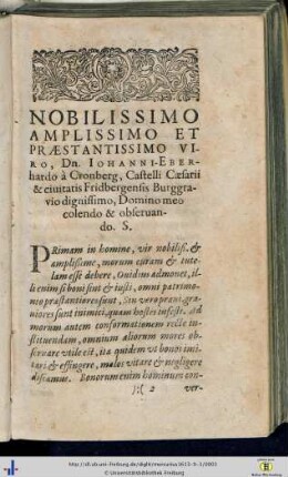 Nobilissimo Amplissimo et Praestantissimo Viro, Dn. Iohanni-Eberhardo à Cronberg …