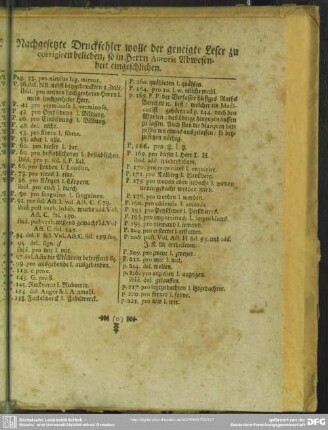 Nachgesetzte Druckfehler wolle der geneigte Leser zu corrigiren belieben, so in Herrn Autoris Abwesenheit eingeschlichen