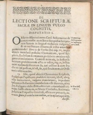 De Lectione Scripturæ Sacræ In Linguis Vulgo Cognitis, Disputatio I.