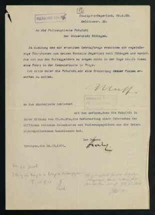 Bitte um Erstattung der Fahrtkosten (Febr. 1933)
