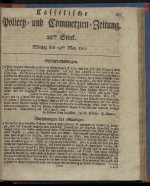 22tes Stück, Montag den 25ten May 1807