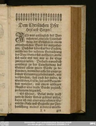 Dem Christlichen Leser Heyl und Seegen!