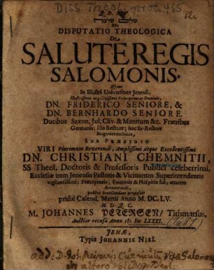Šelôm Šelomo sive disputatio theologica de salute regis Salomonis