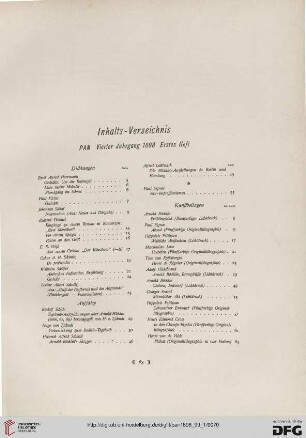 Inhaltsverzeichnis: Dichtungen, Aufsätze, Kunstbeilagen, Abbildungen