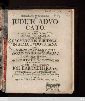 Dissertatio Inauguralis, De Judice Advocato