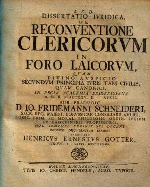 Dissertatio Ivridica De Reconventione Clericorvm In Foro Laicorvm