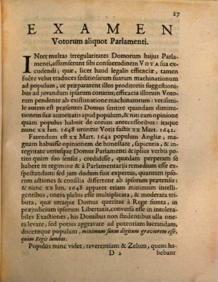 Examen diversorum votorum dominorum et communium congregatorum in parlamento, concernentium eos qui capiunt arma contra parlamentum Angliae ...