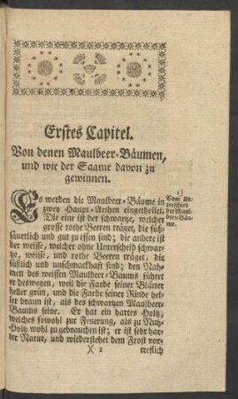 Erstes Capitel. Von denen Maulbeer-Bäumen, und wie der Saame davon zu gewinnen
