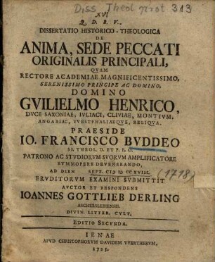 Dissertatio Historico-Theologica De Anima, Sede Peccati Originalis Principali