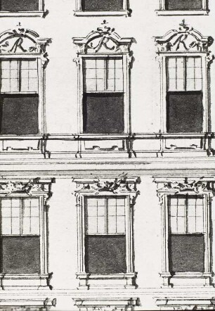 Matthäus Daniel Pöppelmann: Entwurf für die Erweiterung des Dresdner Schlosses, um 1712/13 : 2. Entwurf: Aufriß der Hauptfront, (Variante der Hauptseite mit erhöhtem Mittelrisalit und schmalen erhöhten seitlichen Risaliten), Ausschnitt: Fenster