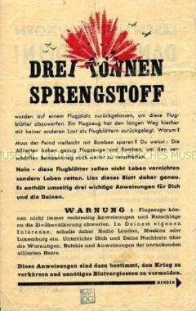 Abwurf-Flugblatt der Alliierten mit einer Warnung vor Luftangriffen und Verhaltensmaßregeln für die Zivilbevölkerung