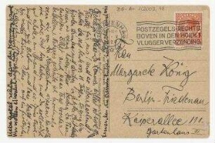Merz-Postkarte von Hannah Höch und Til Brugman an Grete König mit der Abbildung "Kurt Schwitter's Merzplastik die Kultpumpe". Den Haag