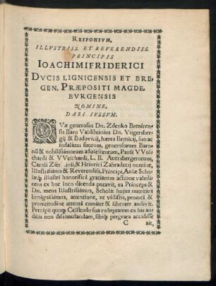 Responsum, Illustriss. Et Reverendiss. Principis Iochimi Friderici ... Dari Iussum.