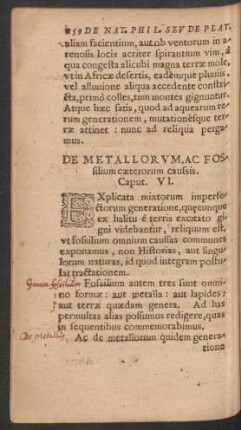 De Metallorum, Ac Fossilium caeterorum caussis. Caput. VI.