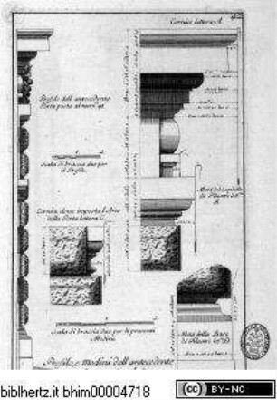 Studio d'architettura civile sopra gli ornamenti di porte, e finestre colle misure, piante, modini, e profili, tratte da alcune fabbriche insigni di Firenze erette col disegno dè più celebri architetti / opera misurata, disegnata, e intagliata da Ferdinando Ruggieri architetto, sotto gli auspici dell' A. R. di Gio. Gastone I. Granduca di Toscana, Parte Seconde, Firenze 1724, nella Samperia Reale presso Gio: Gaetano Tartini, e Santti Franchi, con Licenza de Superiori.Architekturdetails des Portals am hinteren Teils des Palazzo Vecchio - Studio d'architettura civile, da Ferdinando Ruggieri, Parte seconda, Firenze 1724.