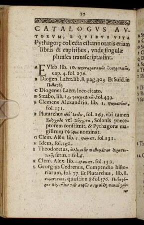 Catalogus Autorum, E quiebus Vita Pythagore collecta est ...