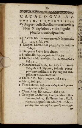 Catalogus Autorum, E quiebus Vita Pythagore collecta est ...