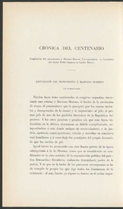 Crónica del centenario : Ampliación del monumento á Mariano Moreno - La estatua del doctor Pedro Ignacio de Castro Barros - Un comentario