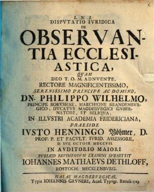 Dispvtatio Ivridica De Observantia Ecclesiastica