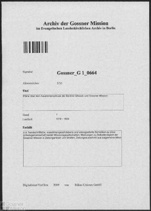 Pläne über den Zusammenschluss der Berliner Mission und Gossner Mission