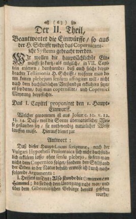 Der II. Theil, Beantwortet die Einwürffe, so aus der H. Schrifft wider das Copernicanische Systema gebracht werden